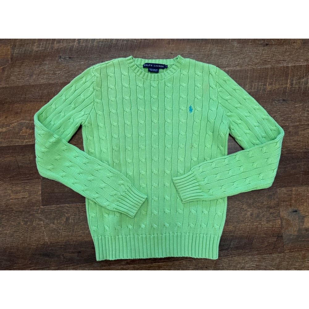 Ralph Lauren Cable Knit Cotton Sweater Women's Small Lime Green Polo Pony